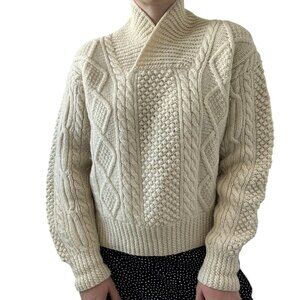 Vintage Unisex White 100% Wool Hand Knit Irish Fisherman Chunky Hippy Sweater M